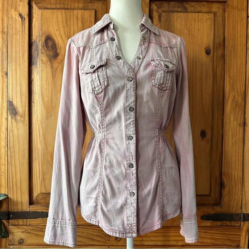 Vintage Y2K Guess Los Angeles Faded Washed Pink Button Up Shirt Cinch Waist - M